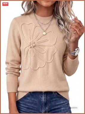 Crew Neck Pullover Sweater 3D Flower Knit Long Sleeve Relaxed Fit Women's